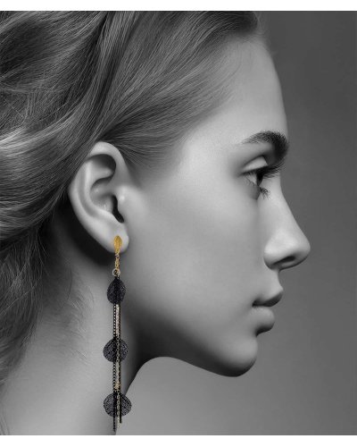 Très longues boucles oreilles à clip pendantes feuilles et chaines noires et dorées, légères.